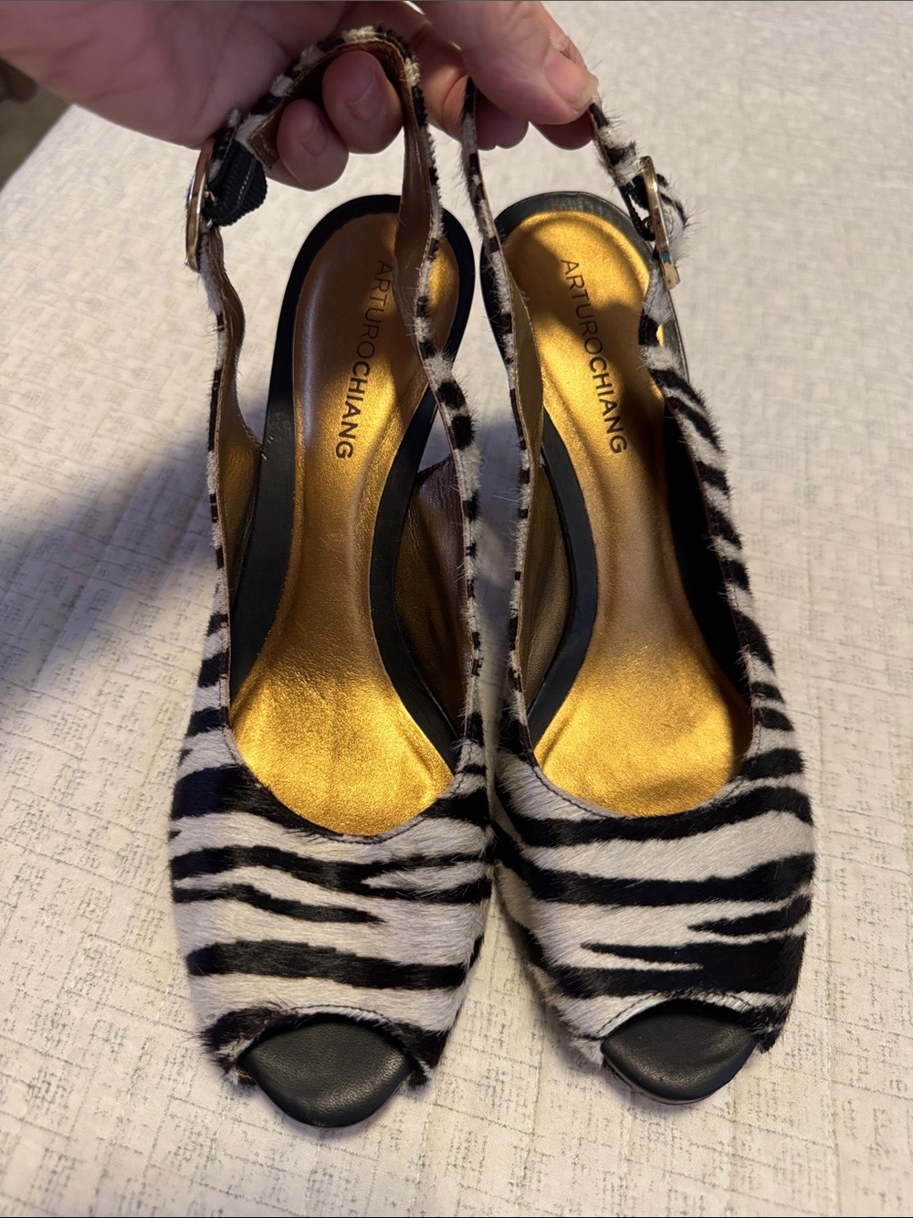 Zebra Print Slingback Peep-Toe High Heel in Dark Brown & Cream-NEW!